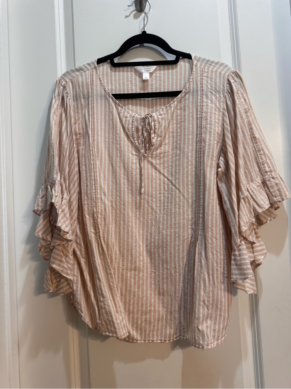 LAUREN CONRAD Taupe Stripes Top Large 3/4 Bell Sleeves Front Tie Pinned Front